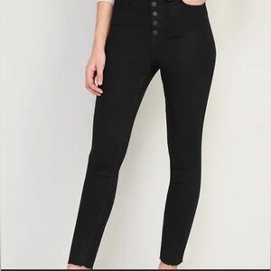 Old Navy Extra High Rise Super Skinny Button Fly Black Denim Jeans Raw Hem 14